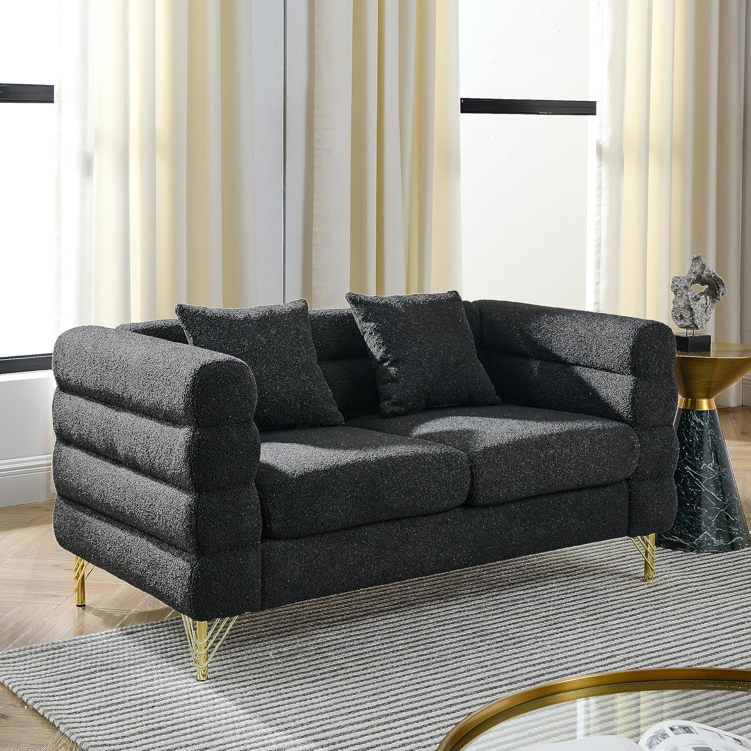 Oversized 2 Seater Sectional Sofa - Deep Seating, Comfort Fabric, and Soft Sitting - Living Room, Bedroom, Office - Black Teddy