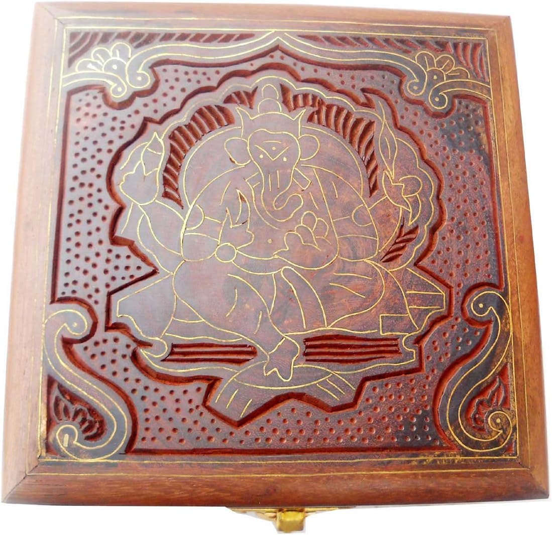 Handcrafted Brass Inlay Sheesham Wood Jewelry Box - Size 5