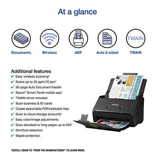 Epson Workforce ES-500W II Wireless Color Duplex Desktop Document Scanner for PC and Mac, with Auto Document Feeder (ADF) and Scan from Smartphone or Tablet