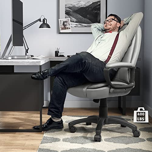 LEMBERI Office Desk Chair, Big and Tall Managerial Executive Chair, High Back Computer Chair, Ergonomic Adjustable Height PU Leather Chairs with Cushions Armrest for Long Time Sitting (Grey)