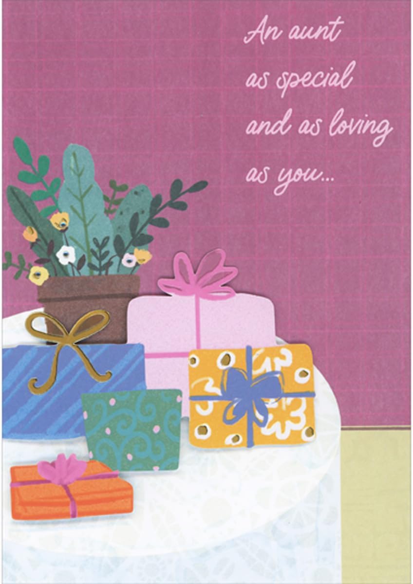 DESIGNERGREETINGS Designer Greetings Die Cut 3D Presents and Flower Pot on White Table in Purple Room Hand Decorated Mother's Day Card for Aunt