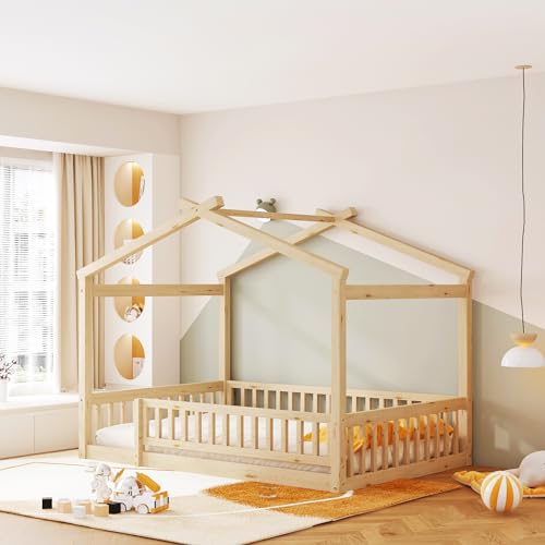 Merax Full Size Wooden House Bed with Two Drawers, Wood Bed Frame with Roof for Kids, Teens, Boys or Girls, Natural