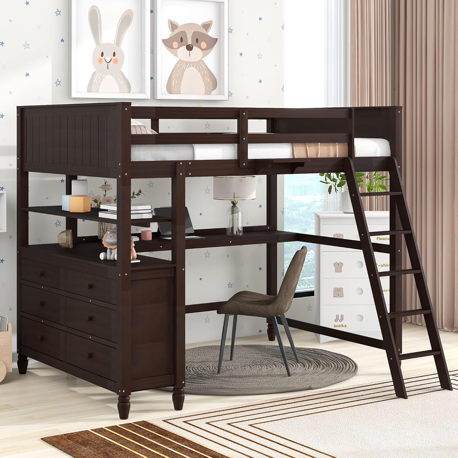 Merax Full Size Loft Bed with Desk and Storage Drawers, Wooden Loft Bed Frame with Safety Guardrails, Ladder, and Shelves, Espresso