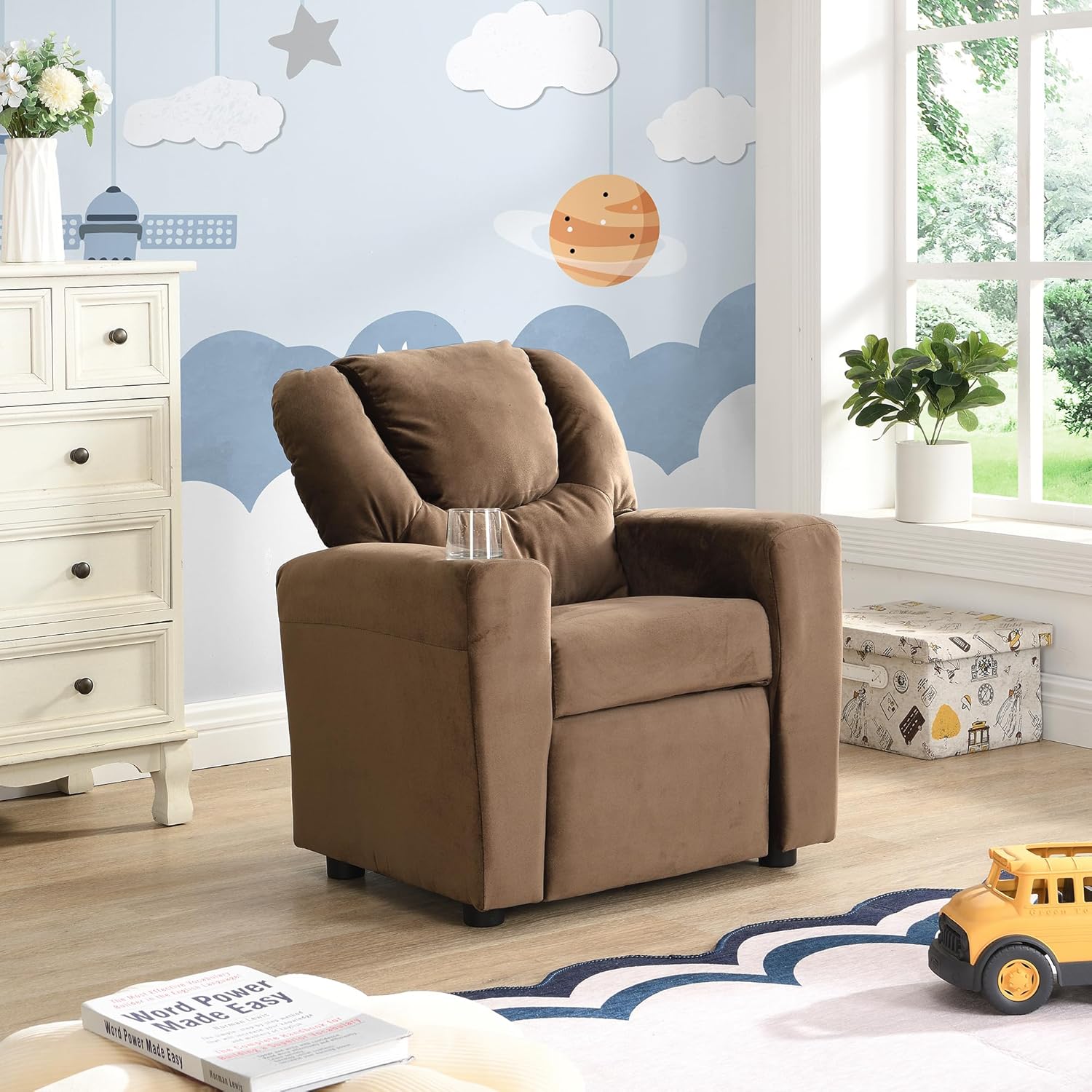 Kids Recliner Chair, Kids Upholstered Couch with One Cup Holder, Footrest, Backrest, Toddlers Velvet Recliner with Headrest and Footrest (Brown) W214101804