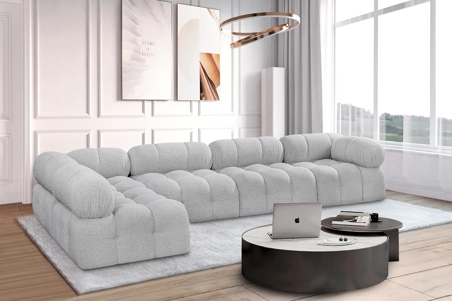 Meridian Furniture Ames Collection Modern | Contemporary Sectional with Rich Boucle Fabric, Modular to Create Infinite Configurations, 136
