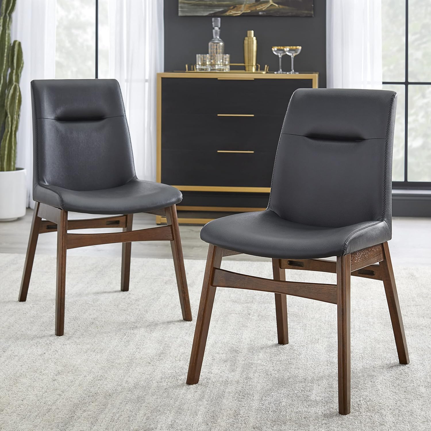 Ayre Mid Century Modern Dining Room Chair, Set of 2, Black/Walnut