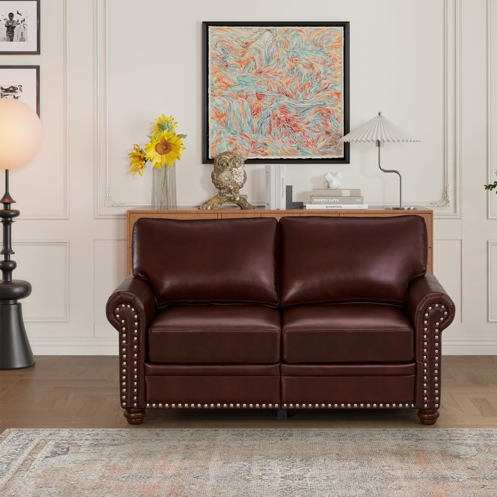 Living Room Sofa Loveseat Chair Burgundy Faux Leather Round Arm Polyester 2.2Lbs./Cu.Ft-Foam Density Solid Wood+Plywood+Metal Brown Foam+Polyester 2-Seating Capacity W1097S00086