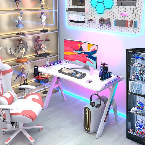 47 Inch Gaming Desk with Led Lights Computer Desk for Gaming Home Office Desks with Headphone Cup Holder Headphone Hook for Gaming Working Sturdy Writing Workstation
