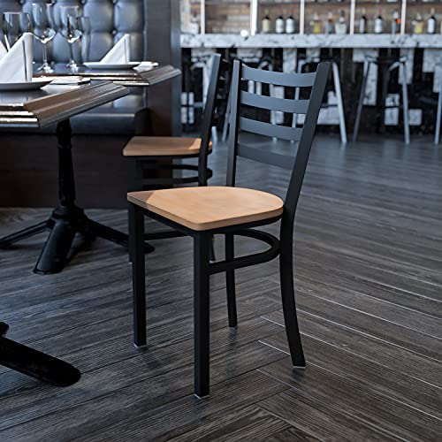 Flash Furniture HERCULES Series Black Ladder Back Metal Restaurant Chair - Natural Wood Seat