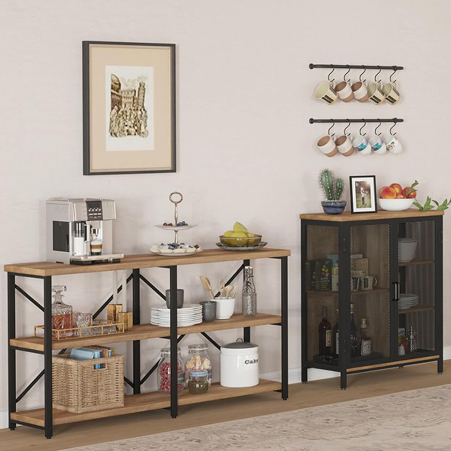 BON AUGURE 55 Inch Rustic Console Table for Entryway and Farmhouse Coffee Bar Cabinet for Living Room, Wood and Metal Furniture Set for Kitchen, Bedroom, Dining Room, Home Office (Vintage Oak)