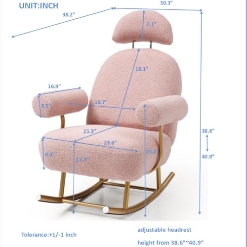 Pink Nursery Rocking Chair, Accent Upholstered Rocker Glider with Gold Metal Frame Adjustable Headrest,Comfy Modern Sherpa Fabric Armchair Chair for Bedroom Living Room