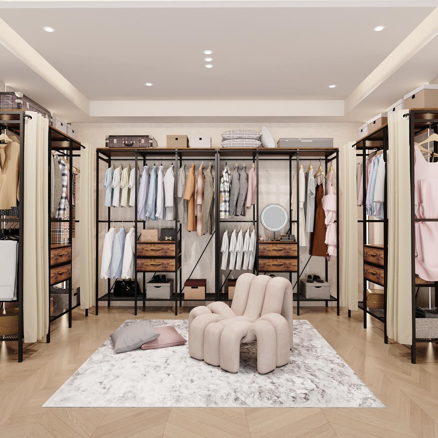 Heavy Duty Garment Rack：Multi-Functional Large Closet Organizers - Metal Bedroom Clothing Wardrobe with 7 Shelves, 2 Drawers and 2 Dust Proof Curtain, 58.86