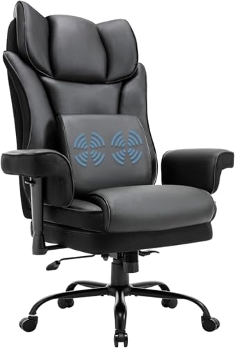 Warmiehomy Executive Office Chair, Big and Tall Office Chair with Adjustable Armrests Black Home Office Desk Chairs, PU Leather Ergonomic Computer Desk Chair with Masage Lumbar Support