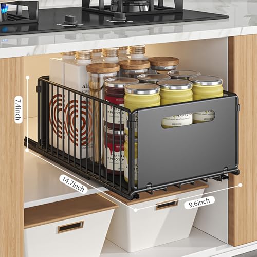 4Pack Foldable Pull Out Cabinet Organizer, Slide Out Cabinet Organizer for Kitchen, Pull Out Drawers for Cabinets, Roll Out Shelf Storage Fixed with Adhesive Nano Film (4 Pack Small)