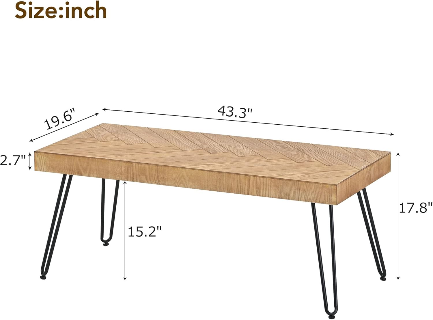 CHARMMA Modern Coffee Table, Easy Assembly Tea Table, Thicken Cocktail Table with w/Chevron Pattern & Metal Hairpin Legs for Living Room, Ash Wood Finished