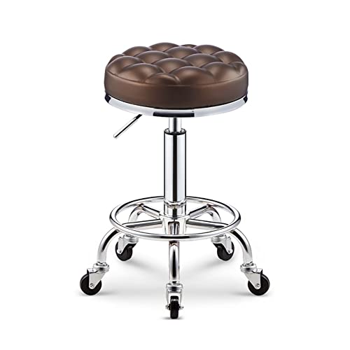 Round Salon Stool on Wheels and Foot Rest Adjustable Height 17.7-22.8in Swivel PU Leather Beauty Stools Rolling Chair for Spa Hair Salon Tattoo Massage Lab Home Office Bar (Wine Red)