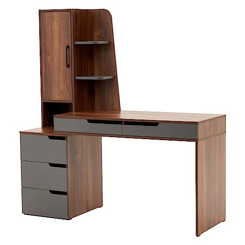 ivinta Computer Desk with Drawers Storage Shelves for Study Writing, Modern Corner Office Desk with Storage Cabinet for Home Office, Bedroom, Living Room, Classroom (Walnut Brown)
