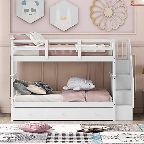 Full Over Full Bunk Bed with Stairs Storage and Twin Size Trundle, Wood BunkBed with 4 Drawers & Guard Rails, for Kids Teens Adult Bedroom, White