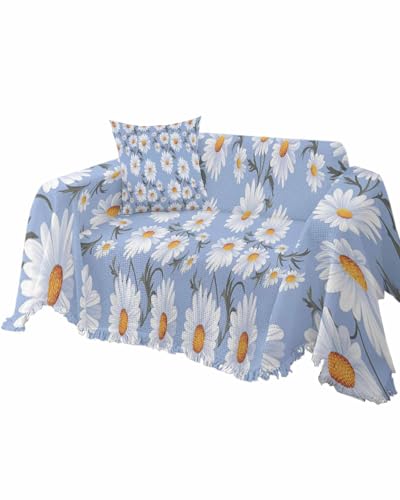 Couch Covers for Armchair, Blue Daisy Reversible Non Slip Sofa Towel with Tassel, Spring Floral Summer Botanical Watercolor Washable Furniture Protector Slipcover for Living Room/Bed Room, S-71