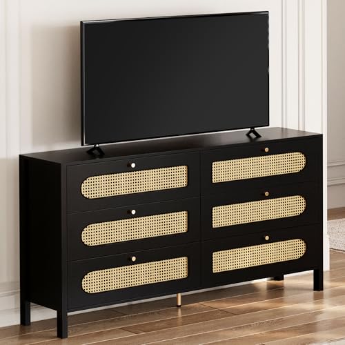 YITAHOME Rattan TV Stand up to 55'' - Boho Entertainment Center with 6 Storage Cabinet and Golden Handles - TV Media Console for Living Room/Bedroom/Office - Natural Oak