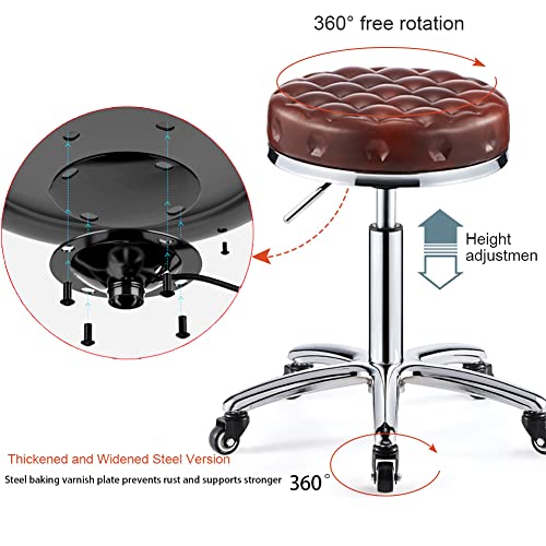 Round Rolling Swivel Stool on 5 Wheels Adjustable Height 16.9-22.05in Upholstered Seat Covered PU Leather Waterproof 360° Rotating Chair for Beauty Massage Salon (Wine Red)