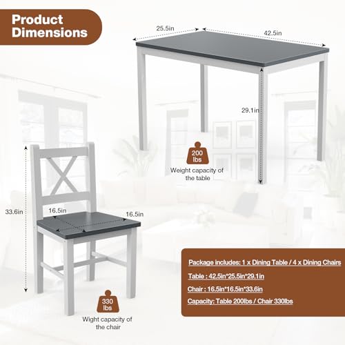 Kitchen Table and Chairs for 4, Solid Wood 5-Piece Dining Table Set, Space-Saving Farmhouse Kitchen Furniture for Home, Apartment, Dining Room, Restaurant