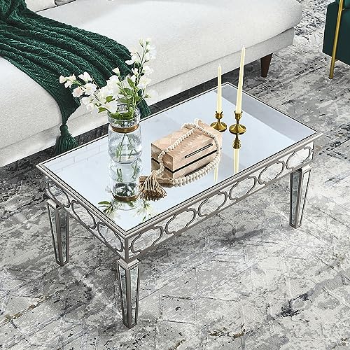 LUMISOL Glass Mirrored Coffee Table with Crystal Design, Modern Rectangle Silver Table with Adjustable Height Legs for Living Room, Silver