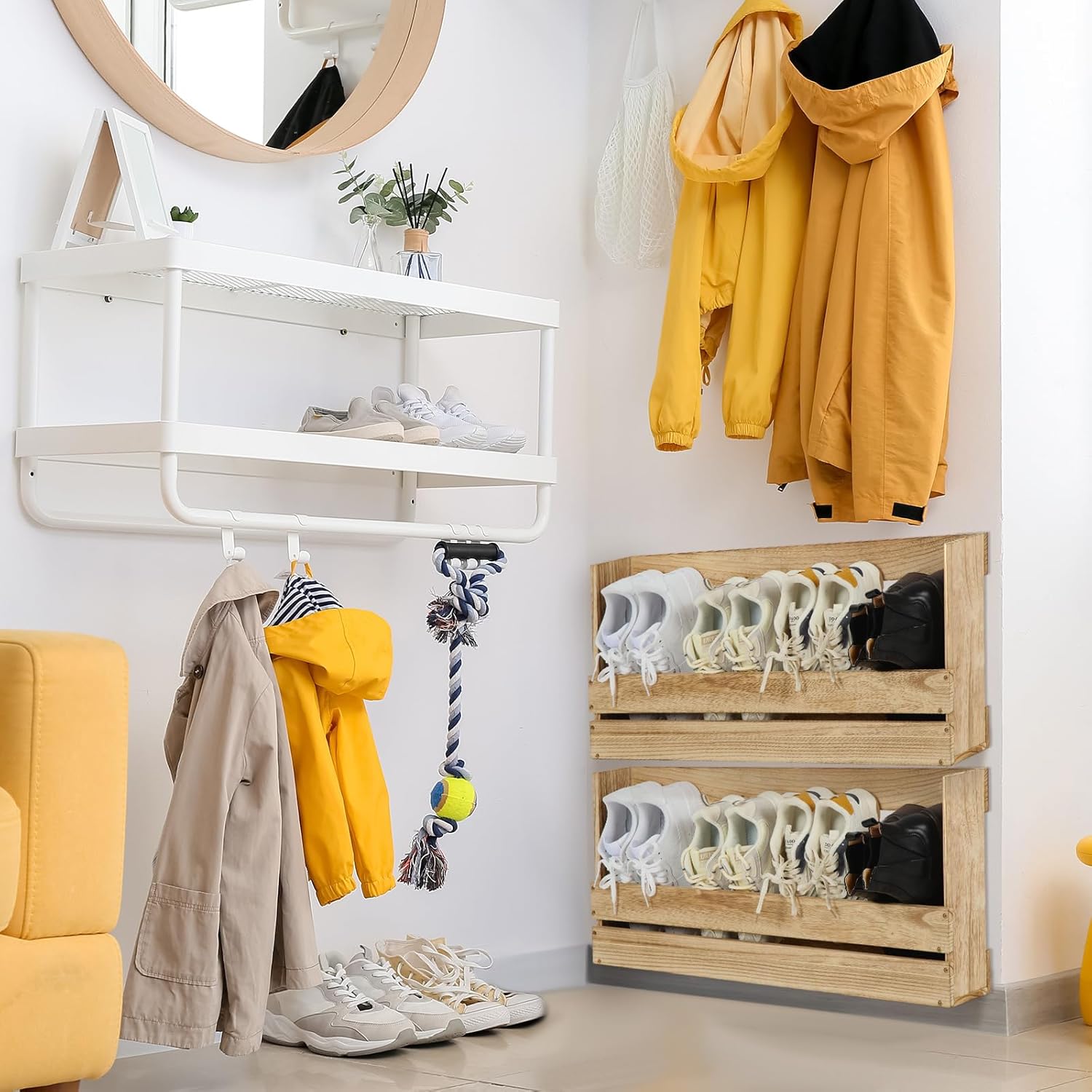 2 Pcs Wall Mounted Shoe Rack Wooden Shoe Rack Organizer Wall Shoe Holder Modern Compact Wood RV Shoe Storage for Sneaker Kid Footwear Slipper Boots Entryway Narrow Spaces Hallway(32'' Long)