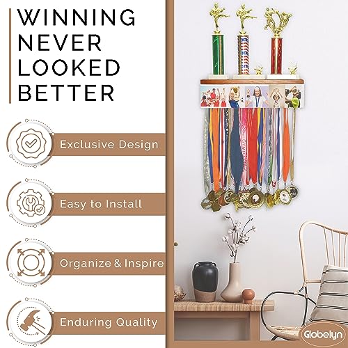 Medal Hanger and Trophy Display Shelf, Wooden Medal Holder and Trophy Shelf for Wall with 25 hooks for Award Ribbon Holder Medal Rack, Fully Assembled with Removable Photo Display.