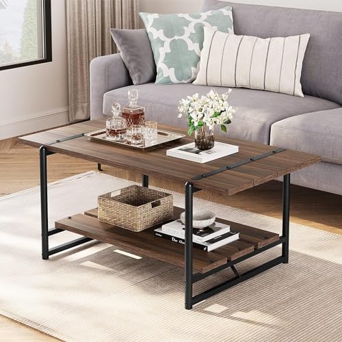 2-Tier Farmhouse 41'' Large Wood Coffee Table with Shelf -Modern Rustic Metal Rectangle Center Living Room Coffee Table Accent Furniture for Home Office,Easy Assembly (Darl Oak)