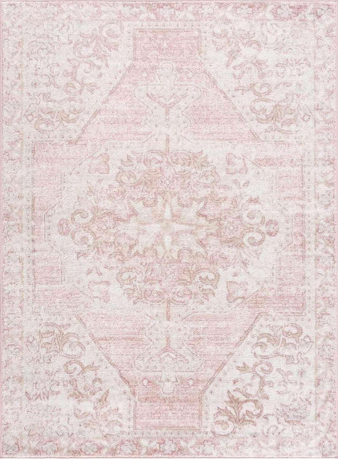 Blush & Light Pink Collection Snead Bohemian Oriental Medallion Area Rug - Traditional Floral Carpet for Living Room, Bedroom - Blush, Pale Pink, Cream - 6'7