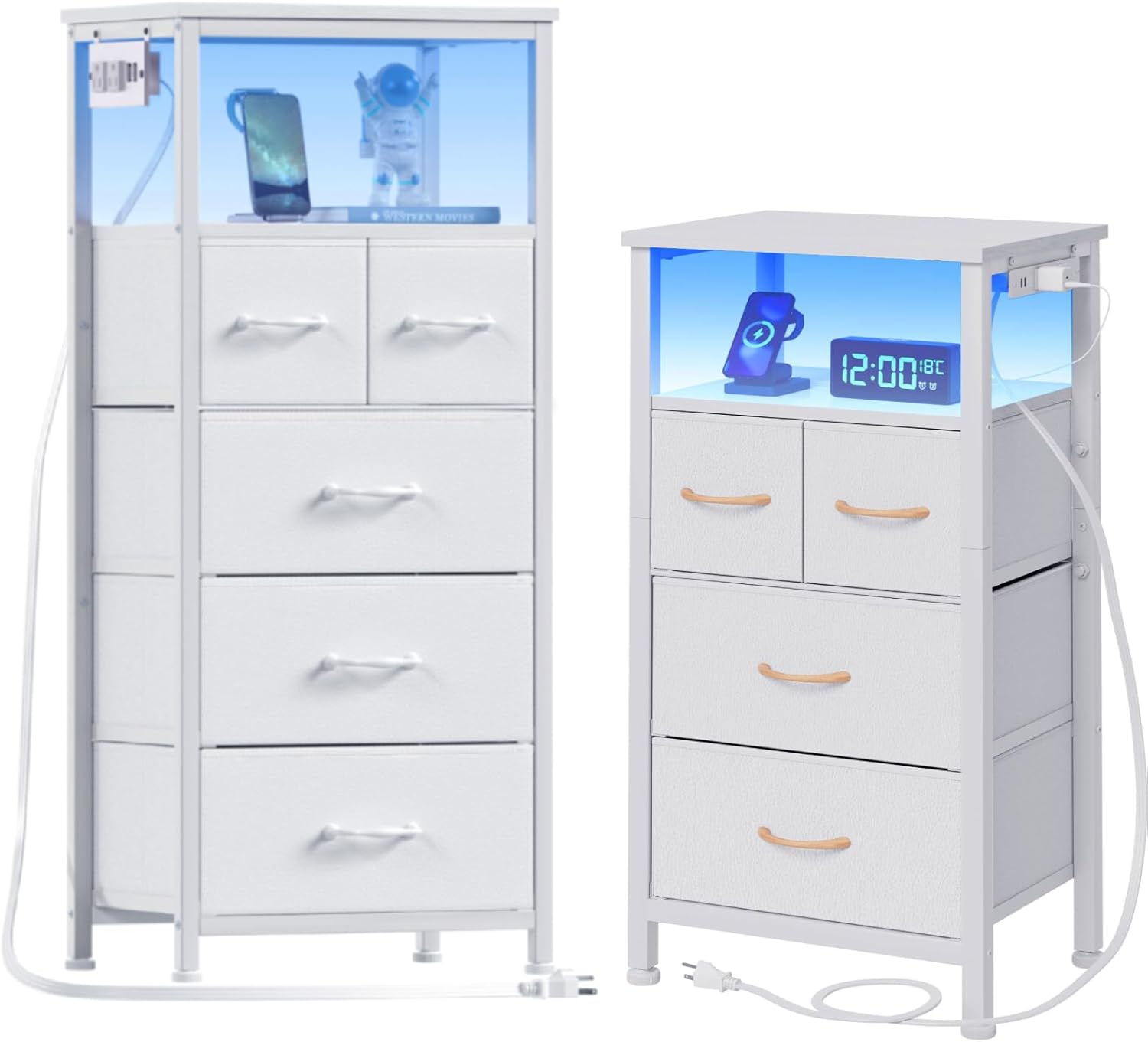 Furnulem Dresser and Nightstand Sets, White Dresser for Bedroom with LED Lights and Charging Station +Nightstand with Charging Station, LED Bedside Table with Open Shelf