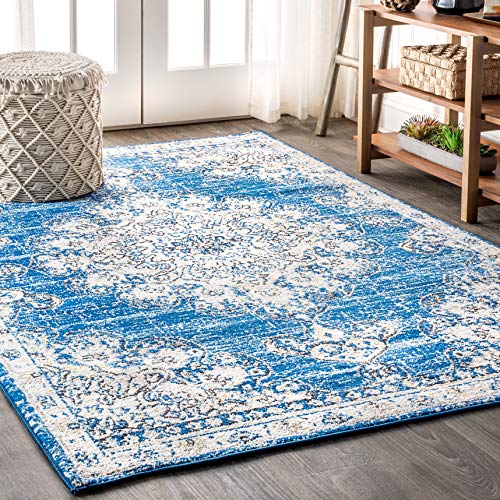 JONATHAN Y BMF104B-5 Bohemian Flair Boho Distressed Medallion Indoor Area-Rug Floral Easy-Cleaning High Traffic Bedroom Kitchen Living Room Non Shedding, 5 ft x 8 ft, Blue/Cream