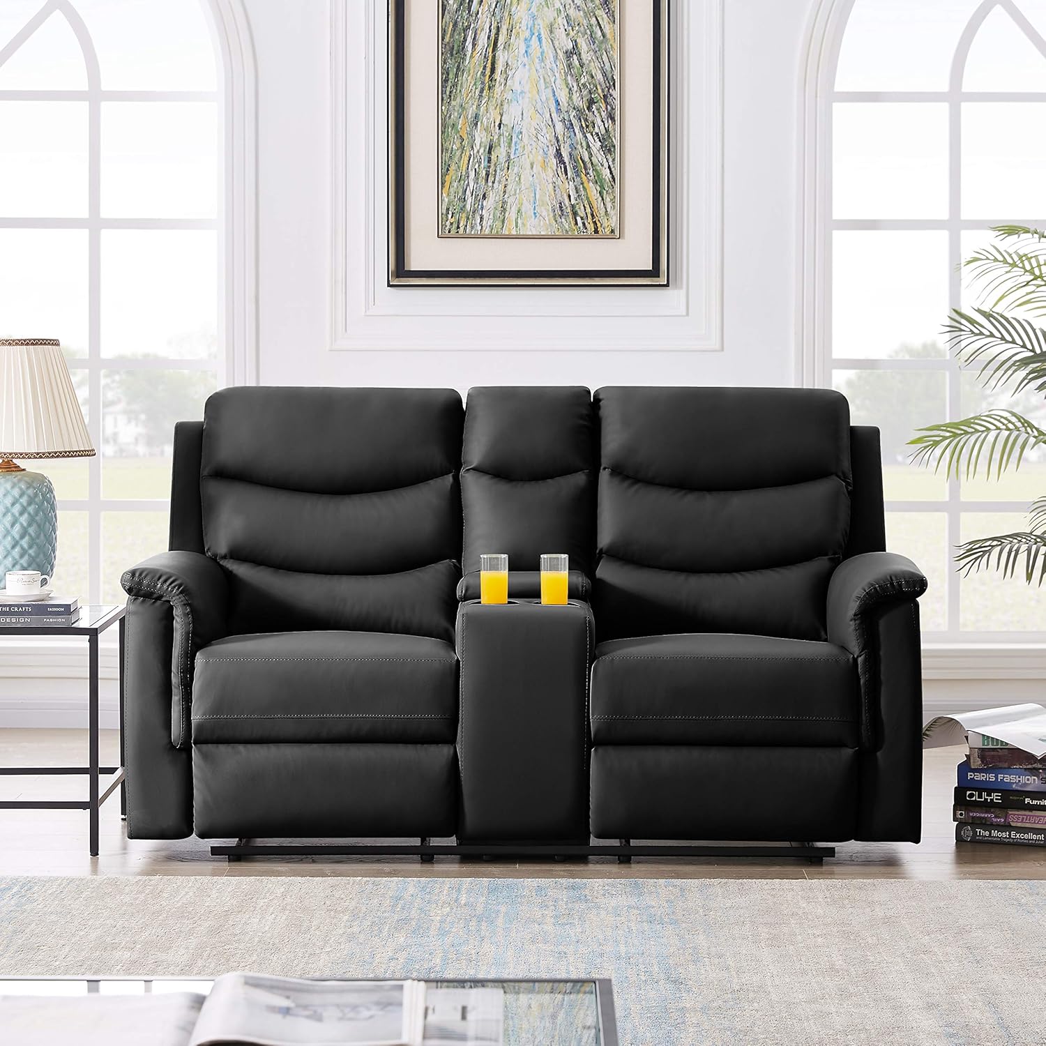 Manual Motion 3 Seaters Sectional, Wall Hugger Sofa Recliners, for Living Room Faux Leather Upholstered, 2 Cup Holders, 67.7