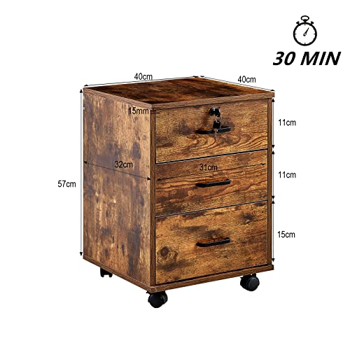 Mobile File Cabinet with Lockable Drawer, 3-Drawers Under Desk Cabinet with 360°Swivel Wheels, Wooden Stationery Storage Cabinet for Legal/Letter/ A4 Documents (Brown)