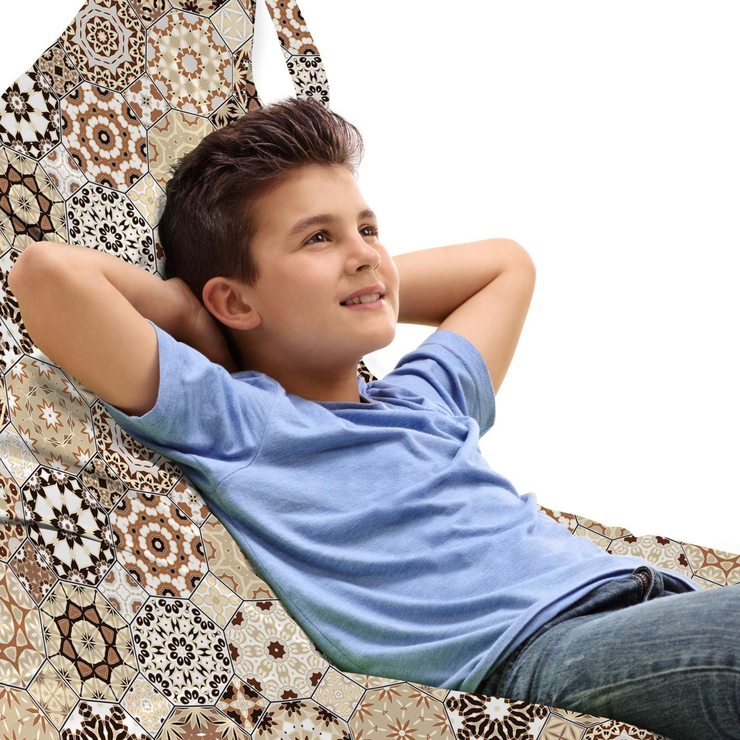 Ambesonne Eastern Lounger Chair Bag, Octagonal and Square Ornaments Retro Colored Old Fashioned Tile, High Capacity Storage with Handle Container, Lounger Size, Dark Brown Pale Brown