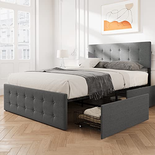 GAOMON Full Bed Frame with 4 Storage Drawers, Grey Full Size Bed Frame with Headboard and Wooden Slats Support, Platform Bed Frame, No Box Spring Needed, Noise-Free, Easy Assembly