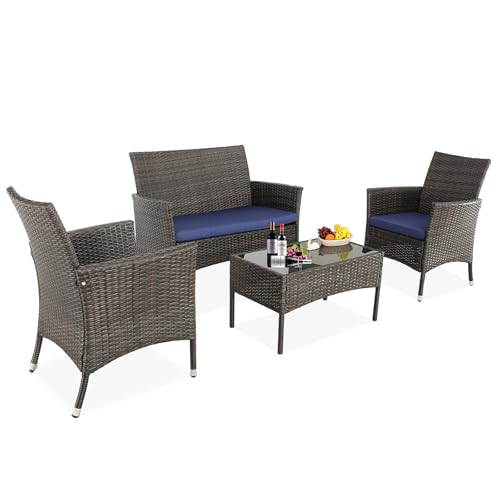 4-Piece Outdoor Patio Furniture Sets Wicker Sofa with Cushions and Coffee Table Garden Lawn Pool Backyard Outdoor Sofa Sets (Expresso Rattan- Peacock Blue, Set of 4)