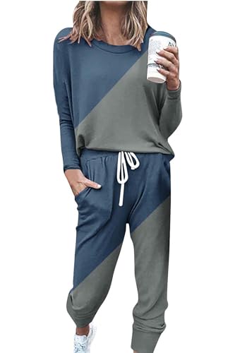 Women's Two Piece Outfit Short Sleeve Color Block Pullover with Drawstring Long Pants Tracksuit Jogger Set Sweatsuit