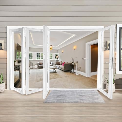 BGW 16’-0” Wide ×6’-8” High Left Inswing Iron Folding Door Heavy Duty Steel with Tempered Glass and with Frame in White Ready Install,Folding-Door-16×6-8LH-BGW-W