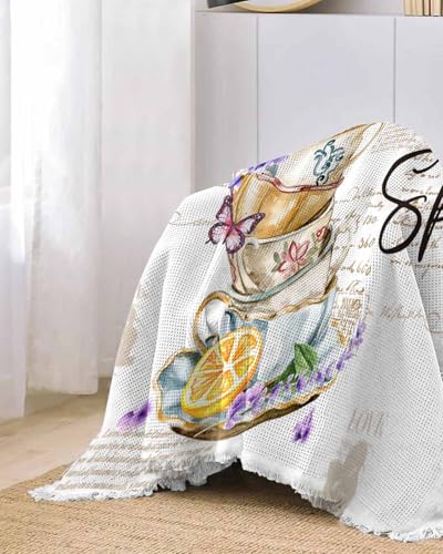 Lavender Purple Sofa Cover Couch Covers for 3 Cushion Couch Throw Couch Cover with Tassel Soft Sofa Slipcover Vintage Spring Watercolor Cup Flowers Lemon Couch Furniture Protector for Dog Pet 71