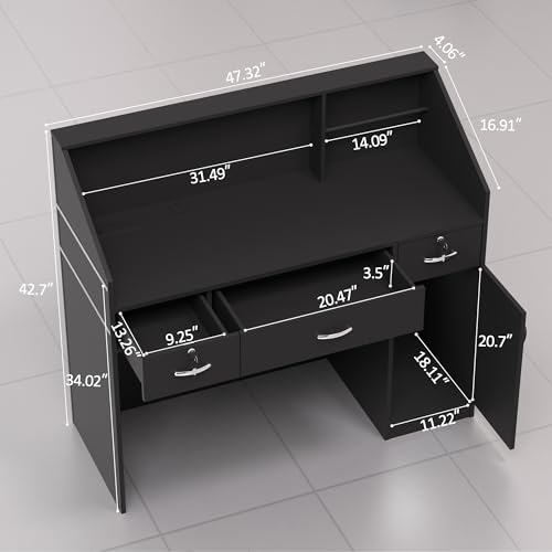 AHB Reception Desk with Counter, Modern Front Table Equipped Lockers & Storage Shelves, 50-inch Checkout Counter with LED Lights & DIY Stripe for Lobbies, Salons, Retail, Home Offices, Reception Room