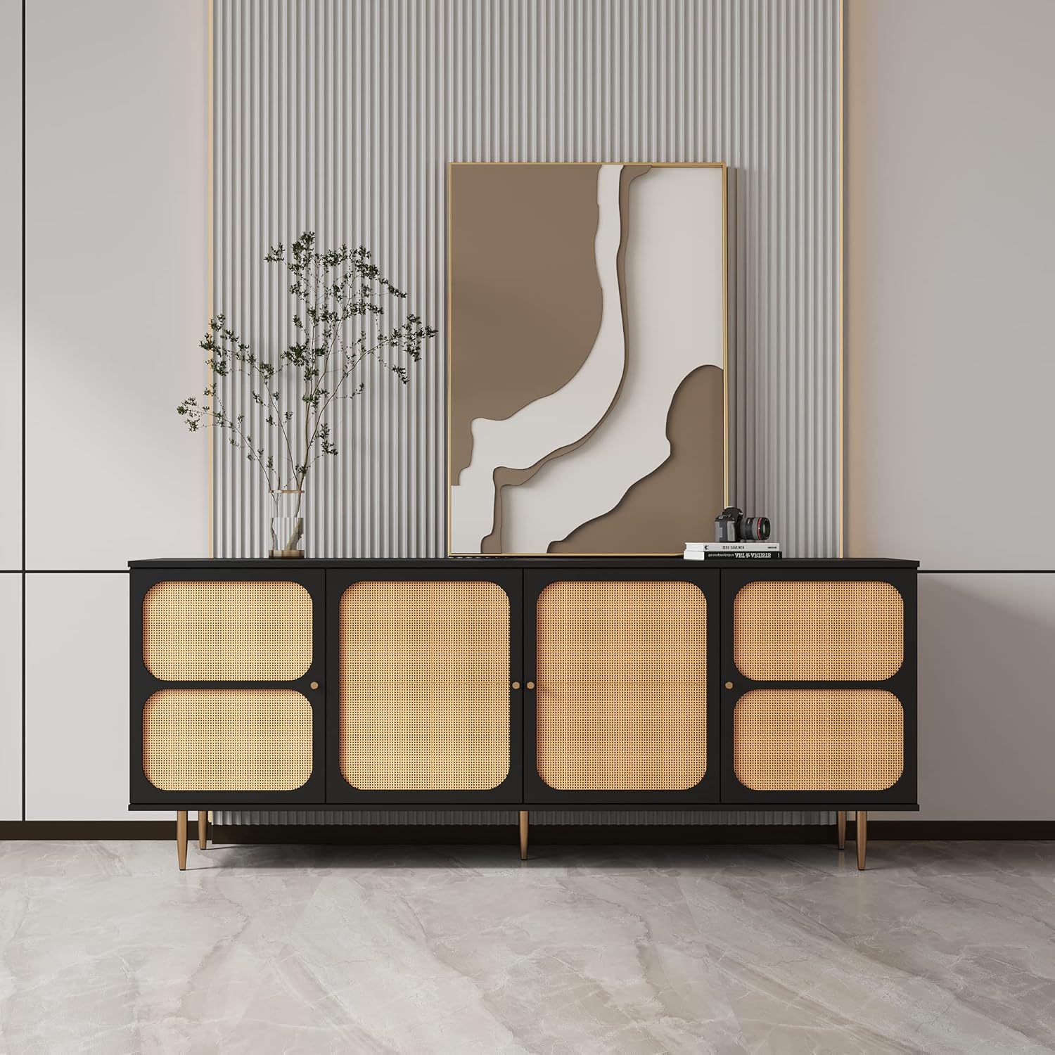 Spacious Sideboard Buffet Cabinet with 4 Rattan Doors, Adjustable Shelves, and Easy Assembly - 70.87