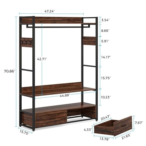 Clothes Rack with Drawers, Freestanding Closet Organizer, Clothes Rack with Shelf and Hanging Rod, Industrial Hall Tree Garments Rack for Entryway, Bedroom