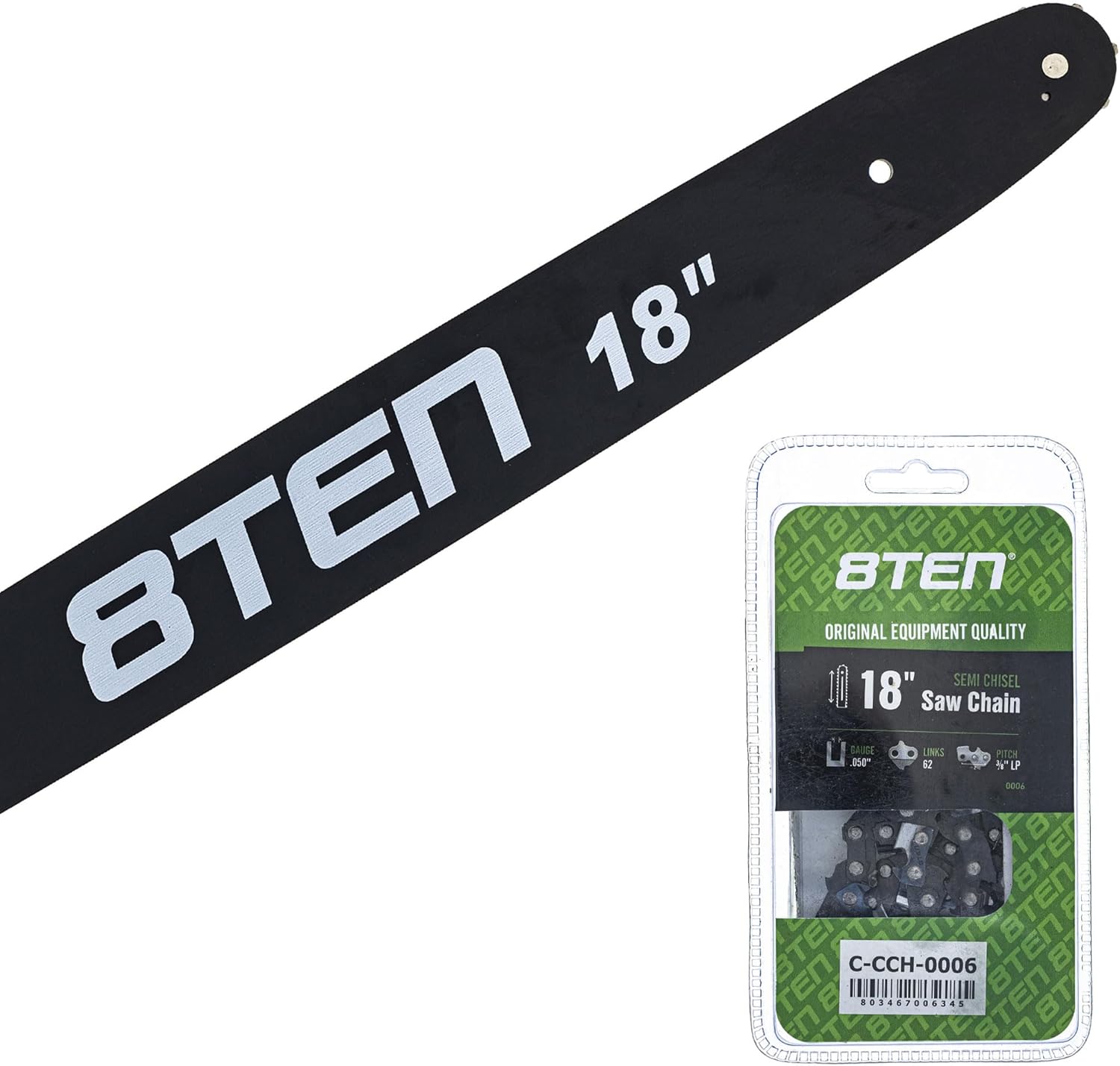 8TEN 18 Inch Chainsaw Guide Bar & Chain .050 3/8 62DL for Husqvarna 36 240 Echo Homelite John Deere 574136301 585422162