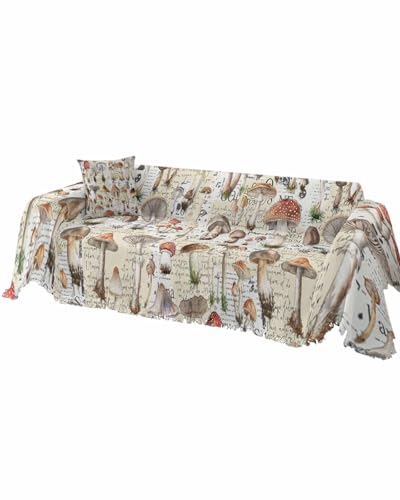 Botanical Cover Couch Covers for 3-4 Cushion Couch Throw Couch Cover with Tassel Soft Slipcover Spring Vintage Watercolor Mushroom Texture Beige White Couch Furniture Protector for Dog Pet 71
