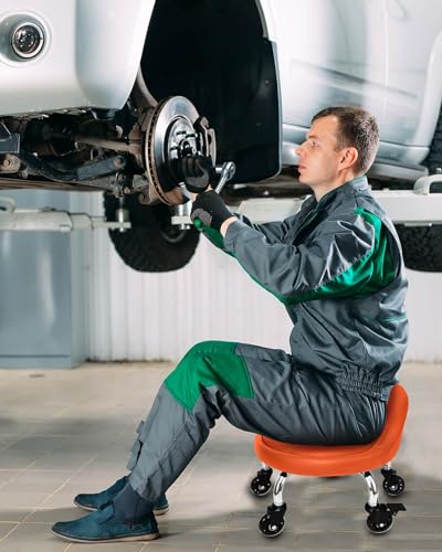 Rolling Stool with Backrest 450 Lbs High Weight Capacity PU Leather Roller Seat and Heavy-Duty Crystal Universal Wheels for Men Women Boy Girl Furniture Gift, Home Office Orange