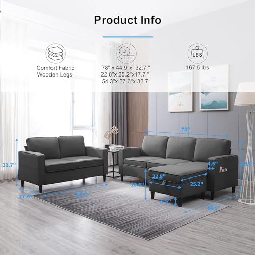 L shaped Sofa Sets 4 Pieces for Living Room,Convertible Lounge Sofa Couch for Apartment,3-Seater+2-Seater Couch+Armchair Movable Ottoman for Sitting Room