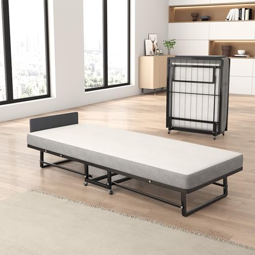 Rollaway Bed, Folding Bed with Mattress for Adults, Portable Bed with High Density Foam Twin Mattress and Metal Frame, 75 X 31 Inch, Weight 300 Lbs As shown' Black