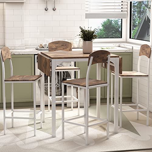 Farmhouse Dining Table Set for 5,Foldable Counter Height Dining Table with 4 Chairs Furniture Set Metal Frame Drop Leaf Dining Table Set for Home Small Space (Brown+White)